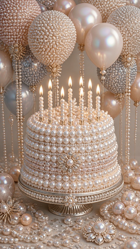 a birthday cake with lit candles surrounded by balloons and confetti, festive vertical composition, no text
