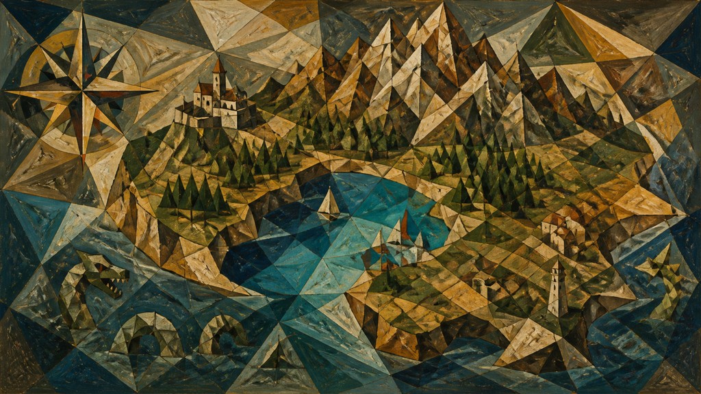 a map of an island realm with mountains, forests, a sheltered bay, sea monsters in the water and a compass rose, no text labels