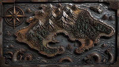 a map of an island realm with mountains, forests, a sheltered bay, sea monsters in the water and a compass rose, no text labels