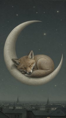 a sleeping baby fox curled on a crescent moon among soft stars, gentle and warm, no text