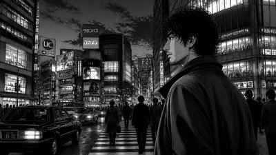 bustling city street panorama at dusk