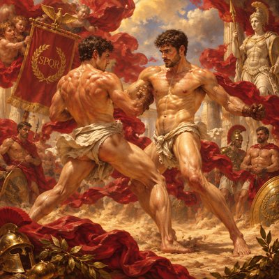 a painting of two men fighting over a red flag