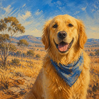 portrait of a golden retriever wearing a blue bandana, warm plain backdrop, no text