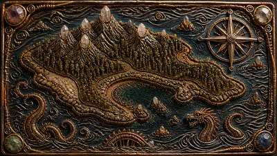 a map of an island realm with mountains, forests, a sheltered bay, sea monsters in the water and a compass rose, no text labels