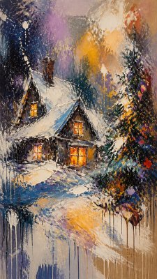 a snow-covered cottage with warm glowing windows beside a decorated pine tree, gentle snowfall, no text