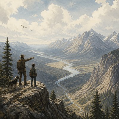 wide landscape with natural scenery — Implied Line Art Style