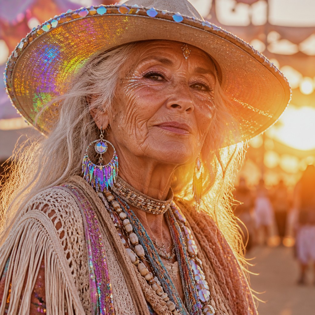 close-up portrait of an elderly person with expressive weathered features — Festival Fashion Style