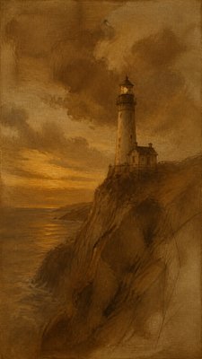 a lone lighthouse on a cliff at dusk under a dramatic sky, no text or lettering