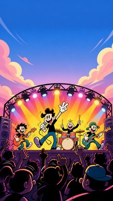 a live music scene with a glowing stage and silhouetted crowd, energetic vertical composition with open space at the top, no text