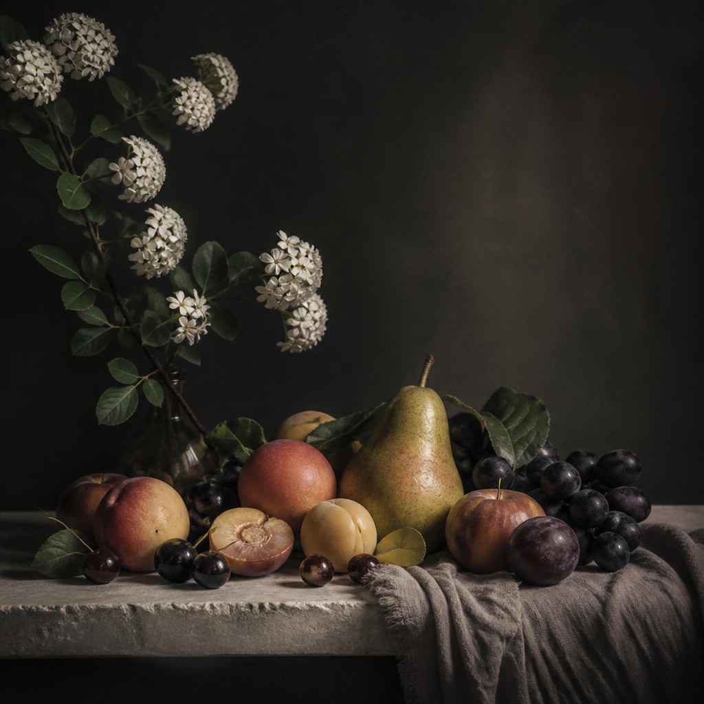 still life arrangement of fruits and flowers