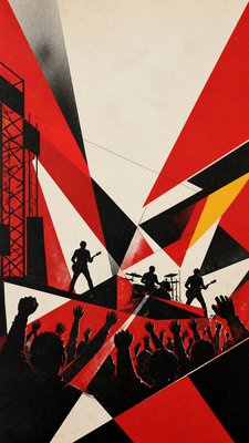 a live music scene with a glowing stage and silhouetted crowd, energetic vertical composition with open space at the top, no text