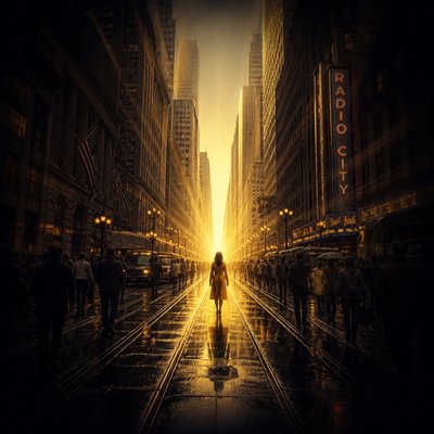 urban street with city activity — Single Focal Point Art Style