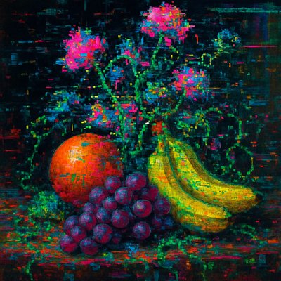 still life arrangement of fruits and flowers