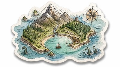 a map of an island realm with mountains, forests, a sheltered bay, sea monsters in the water and a compass rose, no text labels
