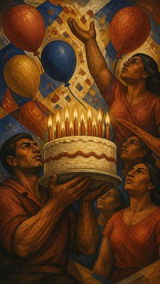 a birthday cake with lit candles surrounded by balloons and confetti, festive vertical composition, no text