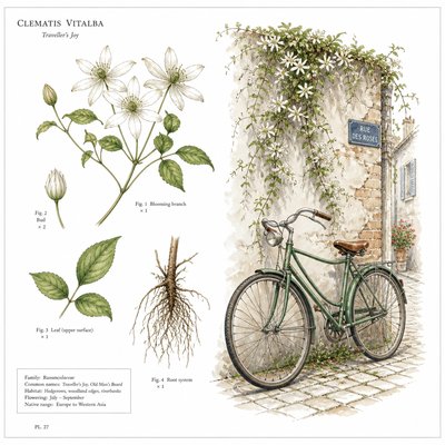 bicyle resting against a wall — Botanical Illustration Art Style