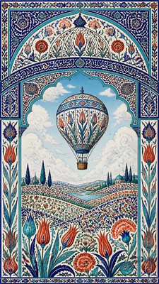 a hot air balloon drifting over rolling flower fields on a sunny day, cheerful, no text