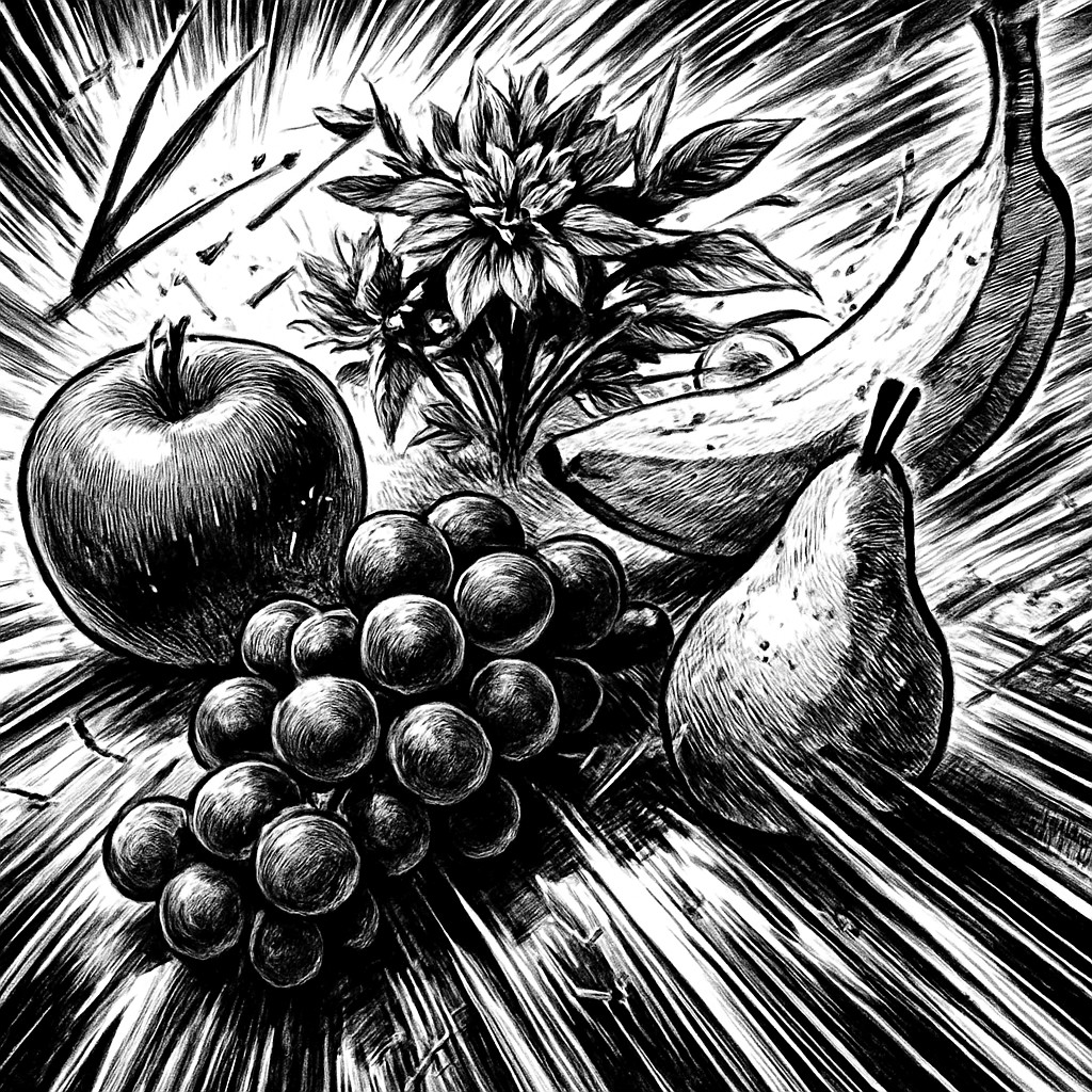 still life arrangement of fruits and flowers