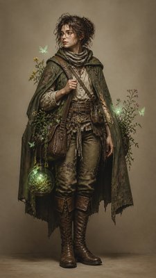 full-body original character: a wandering botanist with a satchel of plants, a patched green cloak, tall boots and round glasses, neutral background