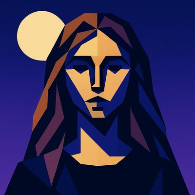 a painting of a woman's face with a full moon in the background