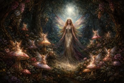 a surreal Victorian faerie scene in a dense moonlit woodland, tiny luminous faeries perched on glowing mushrooms and curling flower petals, central faerie figure standing gracefully with layered iridescent wings, surrounded by clusters of miniature woodland spirits whispering and observing, jewel‑tone palette of ruby, emerald, sapphire, and opal glows, tall twisting trees framing the scene with hanging blossoms and tangled vines, soft mist drifting across the forest floor, delicate theatrical lighting illuminating faces and wings, scattered bioluminescent insects hovering in the air, intricate Victorian fabrics and filigree details on garments, dreamlike composition with overlapping layers of figures and foliage, painterly textures with fine detail and soft halos of light, styled in the artistic approach of John Anster Fitzgerald, 19th‑century fantasy illustration with whimsical yet mysterious atmosphere