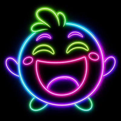 an exaggerated laughing face of an original round mascot character, bold and readable at small size, plain background, no text