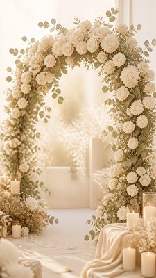 an arch of white roses and eucalyptus in soft morning light, elegant vertical composition with open space, no text