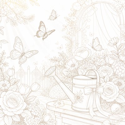 a garden scene with butterflies, flowers and a watering can, clean uncolored line art, no text