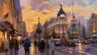 bustling city street panorama at dusk