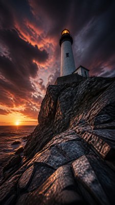 a lone lighthouse on a cliff at dusk under a dramatic sky, no text or lettering