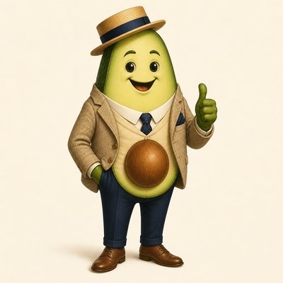 a happy avocado character giving a thumbs up, bold readable design on a plain background, no text