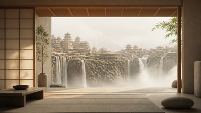 a cliffside city with waterfalls cascading into a misty canyon, wide establishing shot, no people, no text