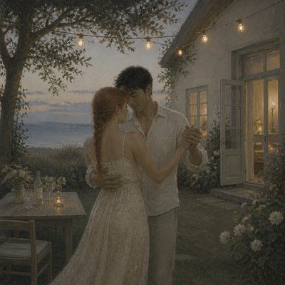 an original couple dancing under string lights in a garden at dusk: a man with short black hair in a linen shirt and a woman with braided red hair in a summer dress