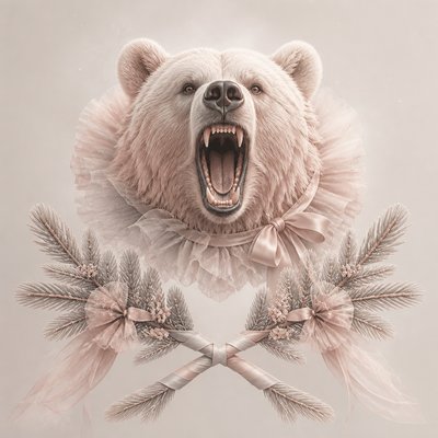 a roaring bear head above crossed pine branches, bold graphic composition on a plain background, no text