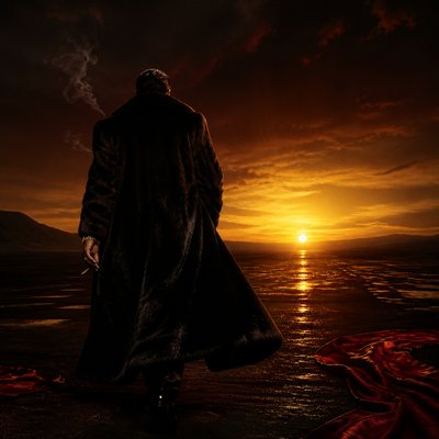 a solitary figure walking toward a glowing horizon across an empty plain, moody atmosphere, no text or lettering