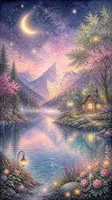 a tranquil mountain lake beneath a starry night sky, no people, no text