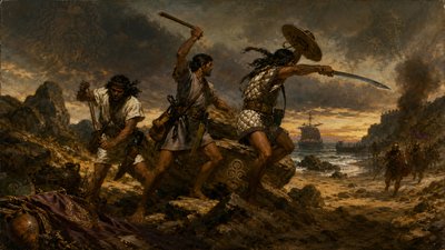 a painting of a group of people on a rocky beach