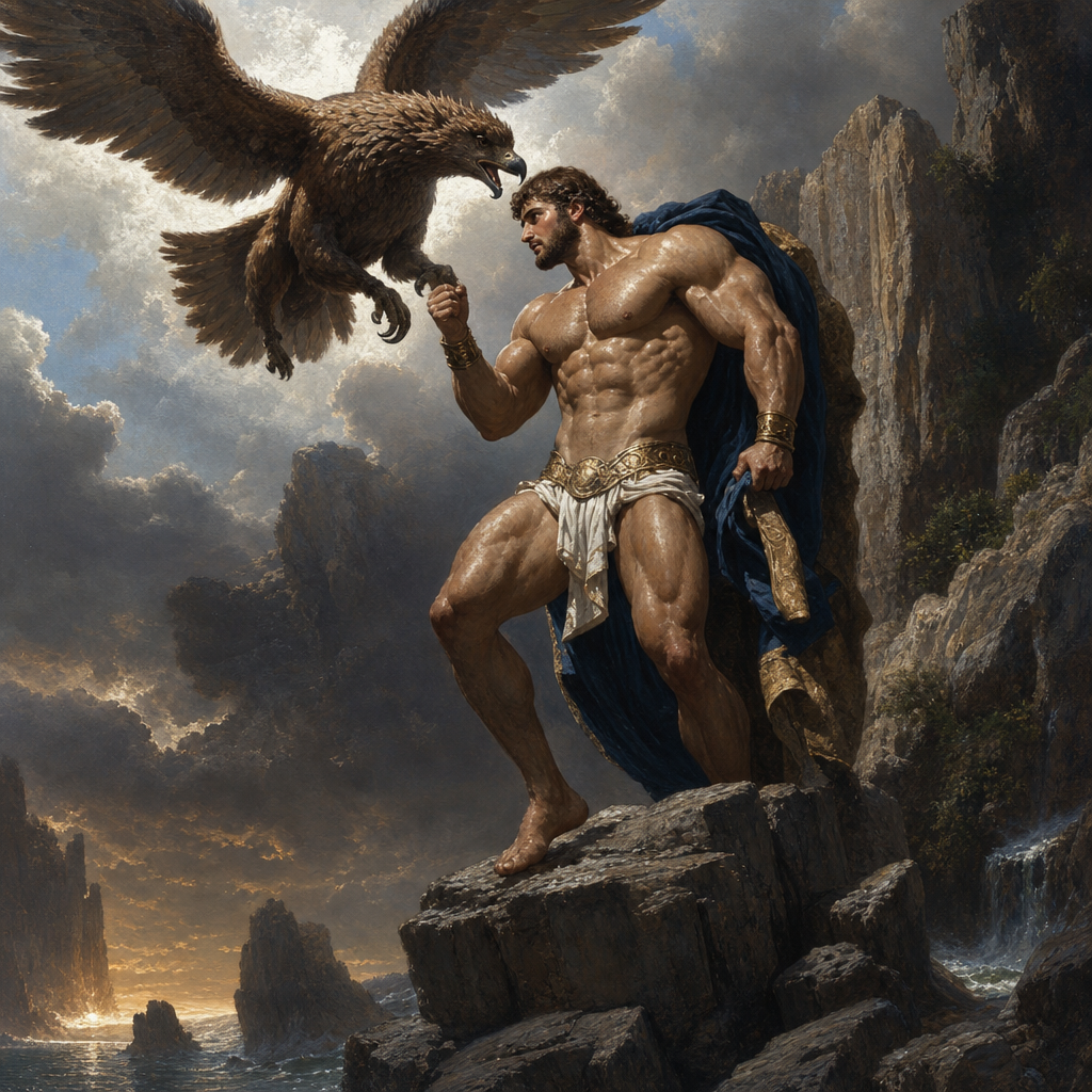 a painting of a man with an eagle on his arm