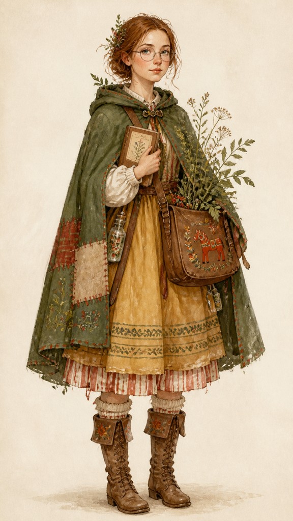 full-body original character: a wandering botanist with a satchel of plants, a patched green cloak, tall boots and round glasses, neutral background