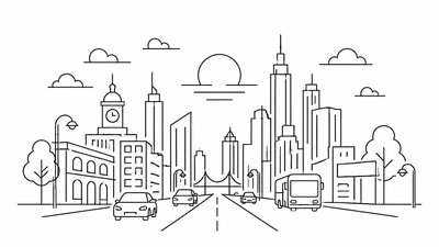 bustling city street panorama at dusk
