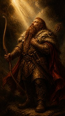 full-body original character: a dwarven ranger with a braided auburn beard, worn leather armor, a longbow and a wolf-pelt cloak, neutral background, no text