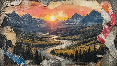 a vast valley with a river winding toward distant mountains at sunrise, no people, no text