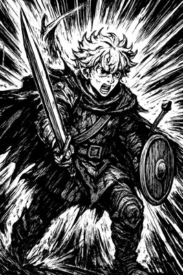 a black and white drawing of a man holding a sword