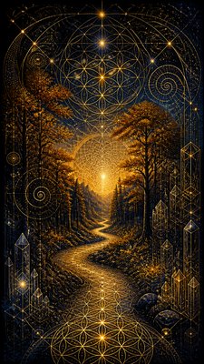 a winding forest path in golden autumn light, no people