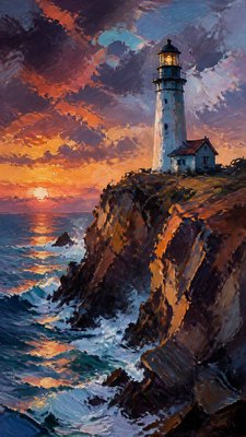 a lone lighthouse on a cliff at dusk under a dramatic sky, no text or lettering
