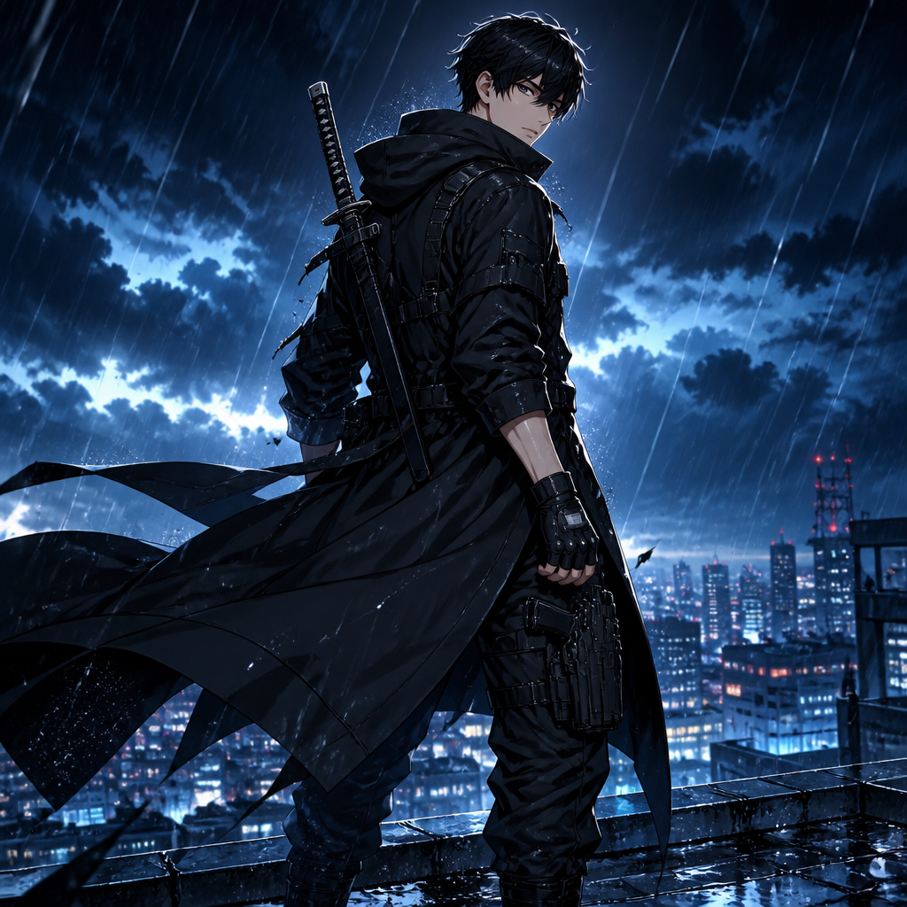 Lee Jin-Woo, 18-year-old Korean male, athletic build, black messy hair, dark gray eyes, calm expression, black tactical assassin coat, fingerless gloves, combat boots, carrying a katana on his back and a pistol on his thigh, standing in heavy rain, cinematic lighting, ultra detailed, Korean manhwa style, dynamic pose, dramatic atmosphere.