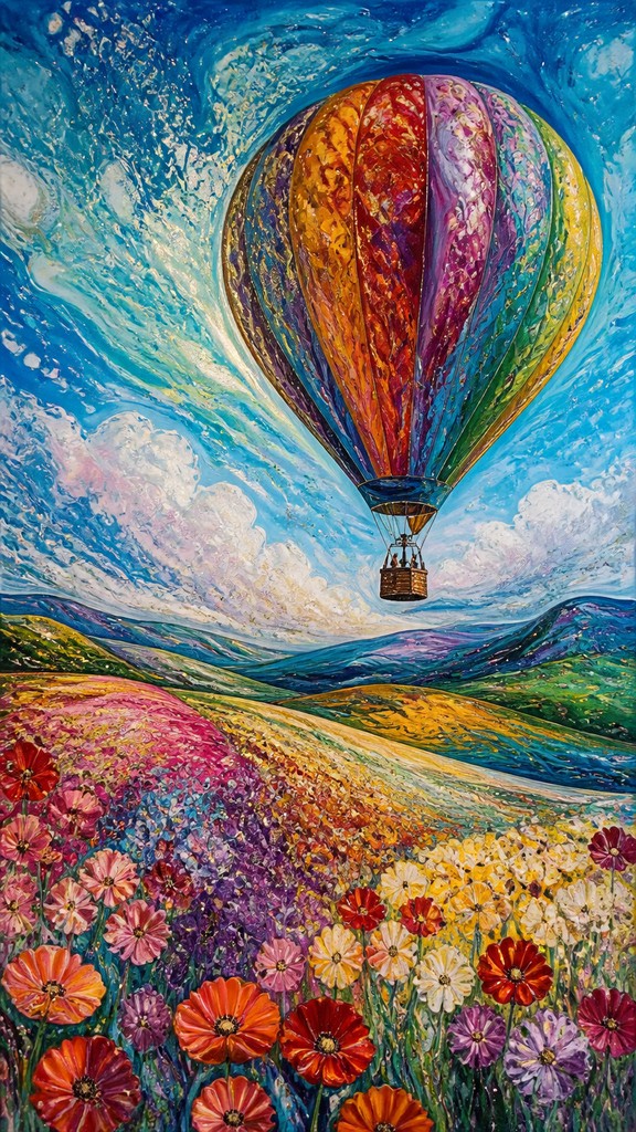 a hot air balloon drifting over rolling flower fields on a sunny day, cheerful, no text
