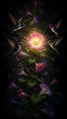 a climbing vine of flowers and hummingbirds on a dark background, tall wrapping composition, no text