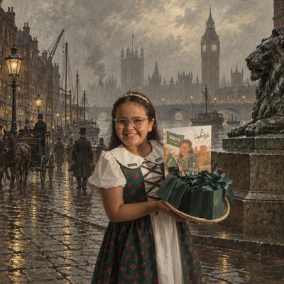 a young girl holding a cake in a city