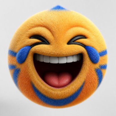 an exaggerated laughing face of an original round mascot character, bold and readable at small size, plain background, no text
